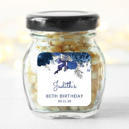 Pegatina Cuadrada Fiesta de cumpleaños 80 de Navy Blue Silver Floral