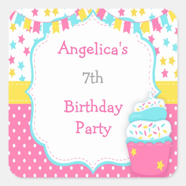 Pegatina Cuadrada Fiesta de Cumpleaños con Cupcake y Purpurina (Anverso)