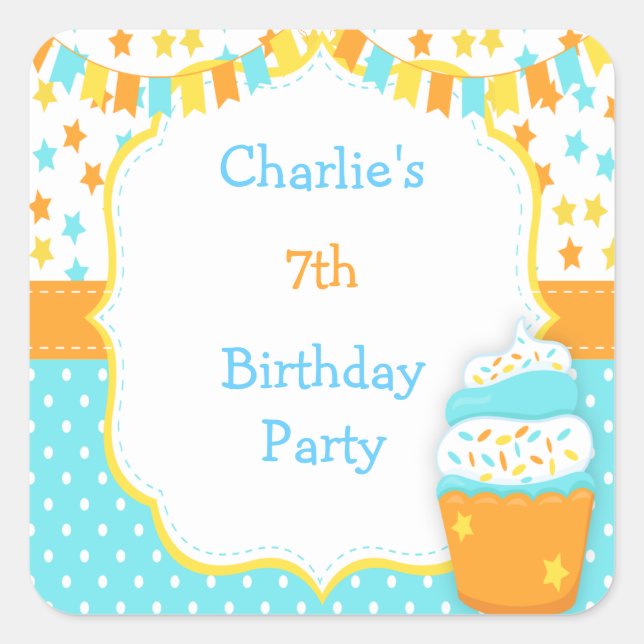 Pegatina Cuadrada Fiesta de Cumpleaños con Cupcake y Purpurina (Anverso)