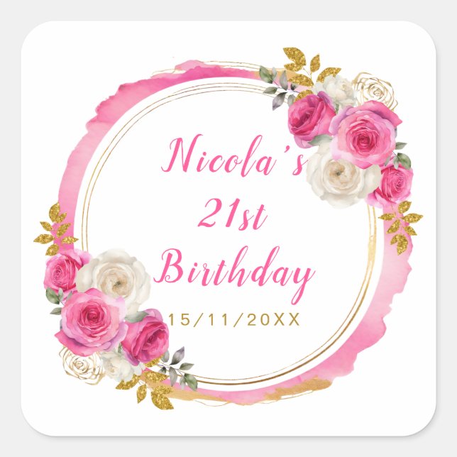 Pegatina Cuadrada Fiesta de cumpleaños con flores elegantes de oro y (Anverso)