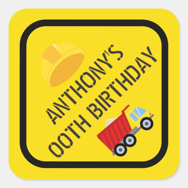 Pegatina Cuadrada Fiesta de cumpleaños con tema de construcción para (Anverso)