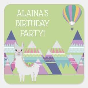 Pegatina Cuadrada Fiesta de cumpleaños de alpaca infantil en color v