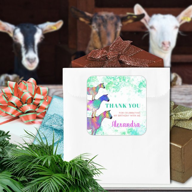 Pegatina Cuadrada Fiesta de cumpleaños de animales de granja de cabr (Cute goats farm animal watercolor custom birthday party thank you favor sticker colorful animal art)