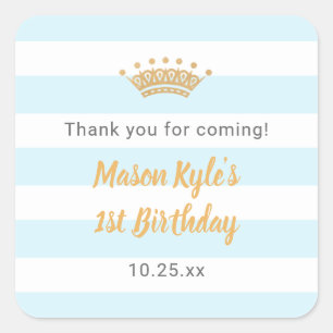 Pegatina Cuadrada fiesta de cumpleaños de Blue Gold Crown gracias