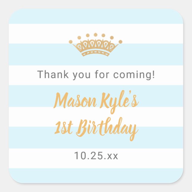 Pegatina Cuadrada fiesta de cumpleaños de Blue Gold Crown gracias (Anverso)