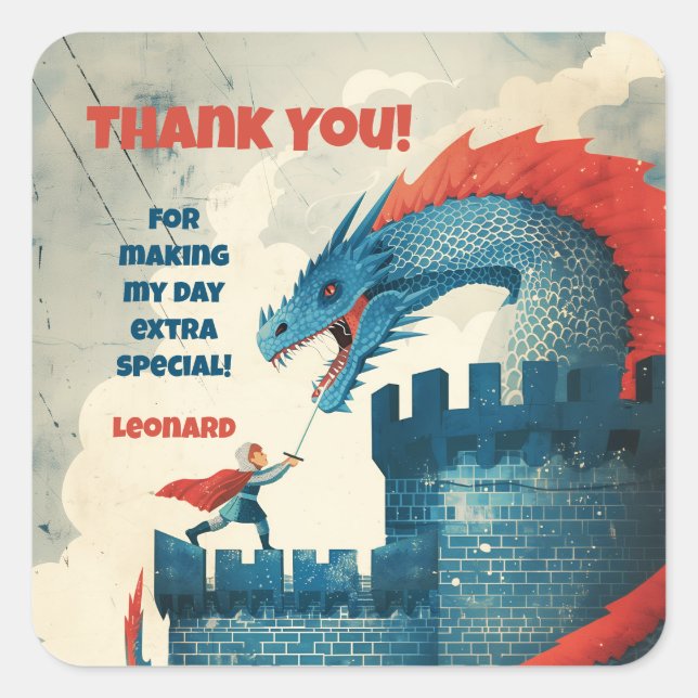 Pegatina Cuadrada Fiesta de cumpleaños de caballero y dragón sin mie (Anverso)