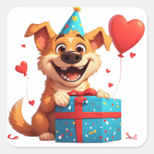 Pegatina Cuadrada 🎁 Fiesta de Cumpleaños de Cachorro Adorable con G