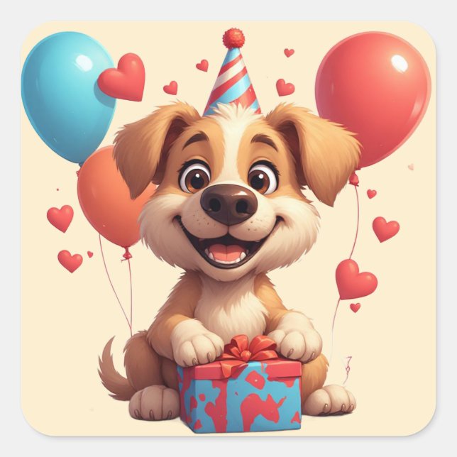 Pegatina Cuadrada 🎁 Fiesta de Cumpleaños de Cachorro Adorable con G (Anverso)