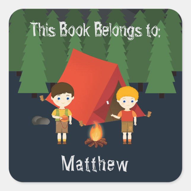 Pegatina Cuadrada Fiesta de cumpleaños de Camping (Anverso)