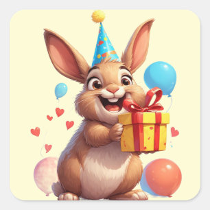 Pegatina Cuadrada 🎂 Fiesta de Cumpleaños de Conejito con Globos