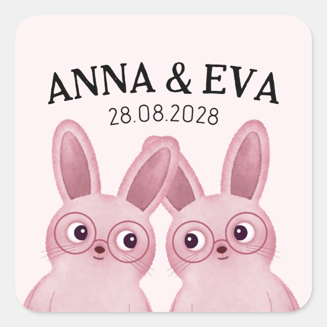 Pegatina Cuadrada Fiesta de cumpleaños de conejitos gemelos con gafa (Anverso)