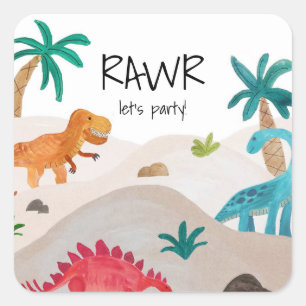 Pegatina Cuadrada Fiesta de cumpleaños de Dinos pintados