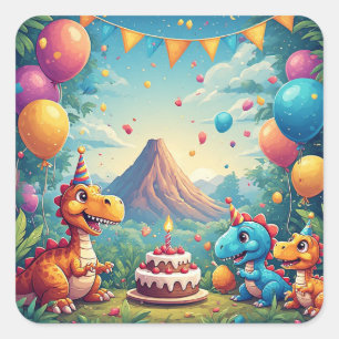 Pegatina Cuadrada 🦖 Fiesta de Cumpleaños de Dinosaurio Adorable en