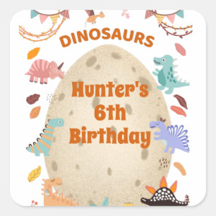Pegatina Cuadrada Fiesta de Cumpleaños de Dinosaurio con Huevo Gigan