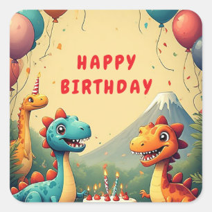 Pegatina Cuadrada 🎉 Fiesta de Cumpleaños de Dinosaurio con Tarta y