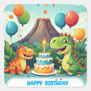 Pegatina Cuadrada 🎉 Fiesta de cumpleaños de dinosaurio lindo para n