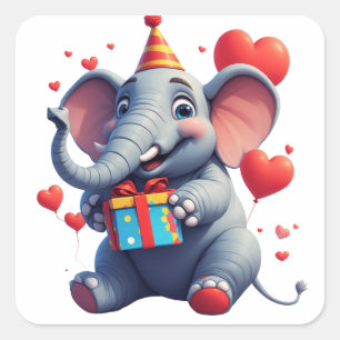 Pegatina Cuadrada Fiesta de cumpleaños de elefante lindo con regalo