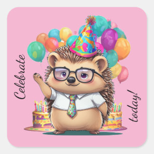 Pegatina Cuadrada Fiesta de cumpleaños de erizo Celebrar hoy Arte