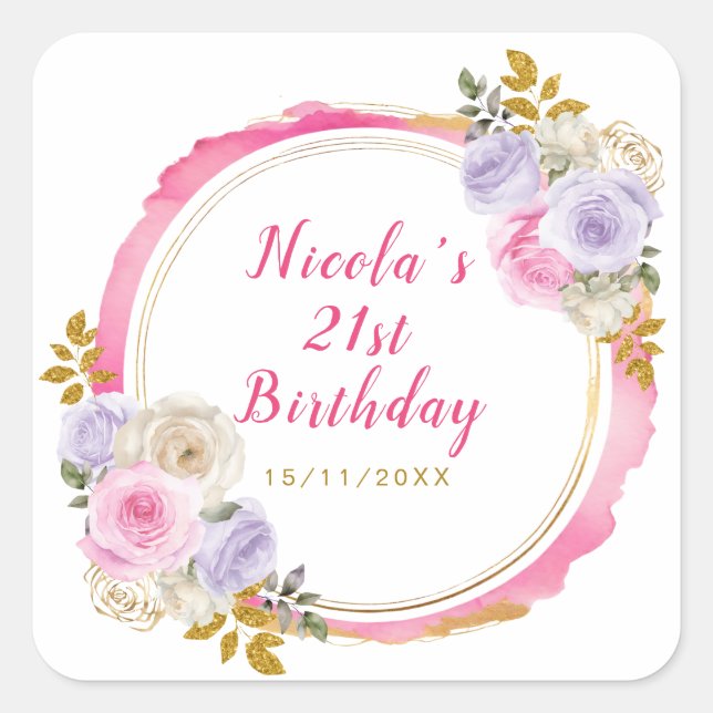 Pegatina Cuadrada Fiesta de cumpleaños de flores elegantes rosadas y (Anverso)