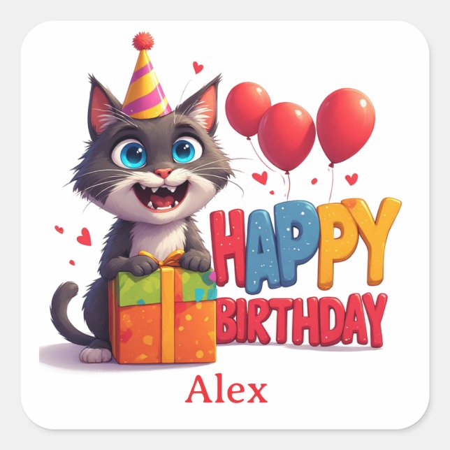 Pegatina Cuadrada Fiesta de Cumpleaños de Gatito Adorable 🥳 (Anverso)