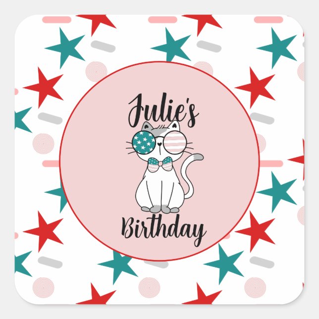Pegatina Cuadrada Fiesta de cumpleaños de Gato Patriótico Sprinkles  (Anverso)