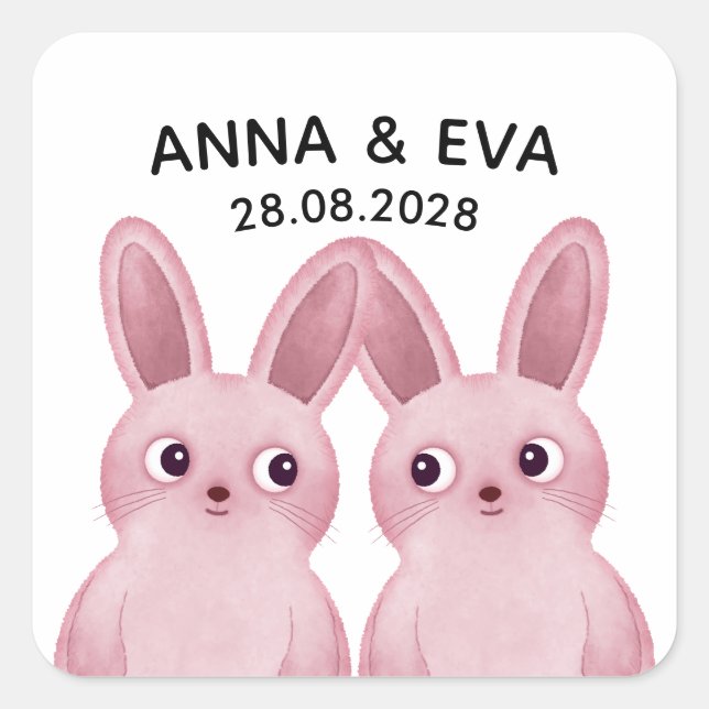 Pegatina Cuadrada Fiesta de cumpleaños de gemelas con conejitos rosa (Anverso)