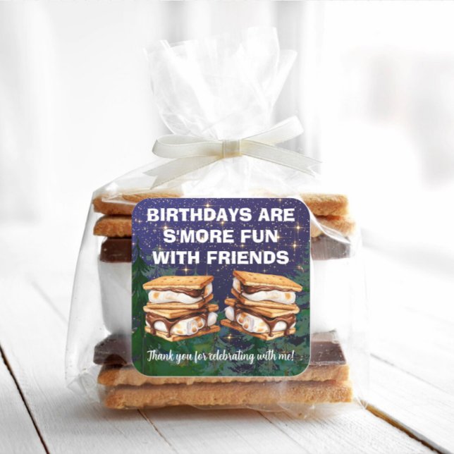 Pegatina Cuadrada Fiesta de cumpleaños de glamping con S'mores (Cute s'mores stickers. You can add your own text.)