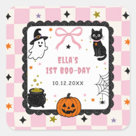 Pegatina Cuadrada Fiesta de cumpleaños de Halloween de gingham rosa