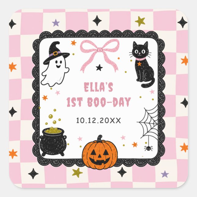 Pegatina Cuadrada Fiesta de cumpleaños de Halloween de gingham rosa (Anverso)