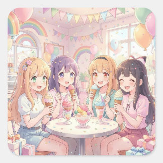 Pegatina Cuadrada Fiesta de Cumpleaños de Helado de Chica de Anime P