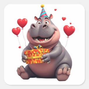 Pegatina Cuadrada Fiesta de cumpleaños de hipopótamo lindo con regal