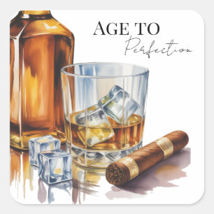 Pegatina Cuadrada Fiesta de Cumpleaños de Hombres con Whisky y Cigar
