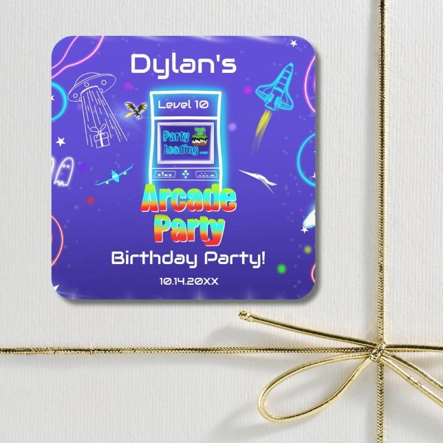 Pegatina Cuadrada Fiesta de Cumpleaños de Juegos Retro Arcade Power  (Subido por el creador)
