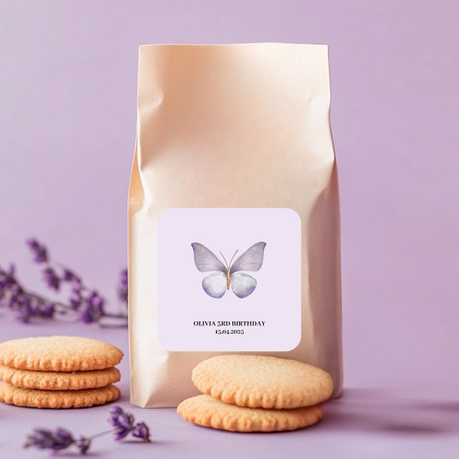 Pegatina Cuadrada Fiesta de cumpleaños de la mariposa morada (Subido por el creador)