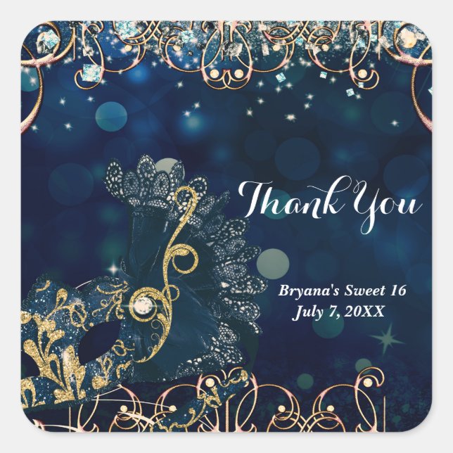 Pegatina Cuadrada Fiesta de cumpleaños de la máscara de disfraces az (Anverso)