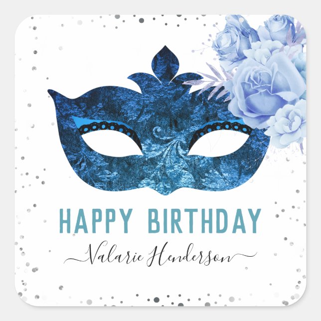 Pegatina Cuadrada Fiesta de cumpleaños de la mascarada azul (Anverso)