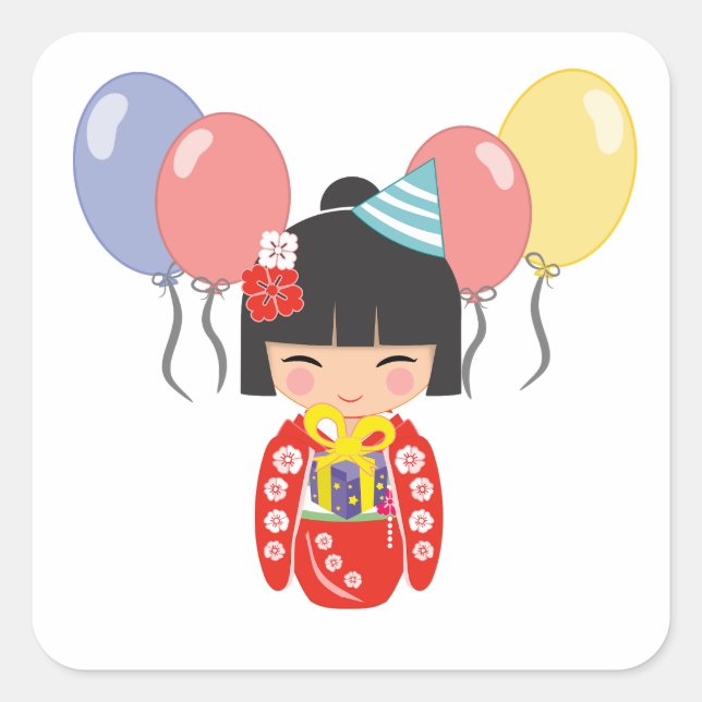 Pegatina Cuadrada Fiesta de cumpleaños de la muñeca Kokeshi (Anverso)