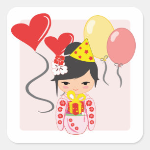 Pegatina Cuadrada Fiesta de cumpleaños de la muñeca Kokeshi