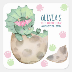Pegatina Cuadrada Fiesta de cumpleaños de niña de dinosaurio Tricera