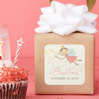 Pegatina Cuadrada Fiesta de Cumpleaños de Niña Princesa Hada Dulce y