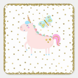 Pegatina Cuadrada Fiesta de Cumpleaños de Niñas Unicornio con Brillo