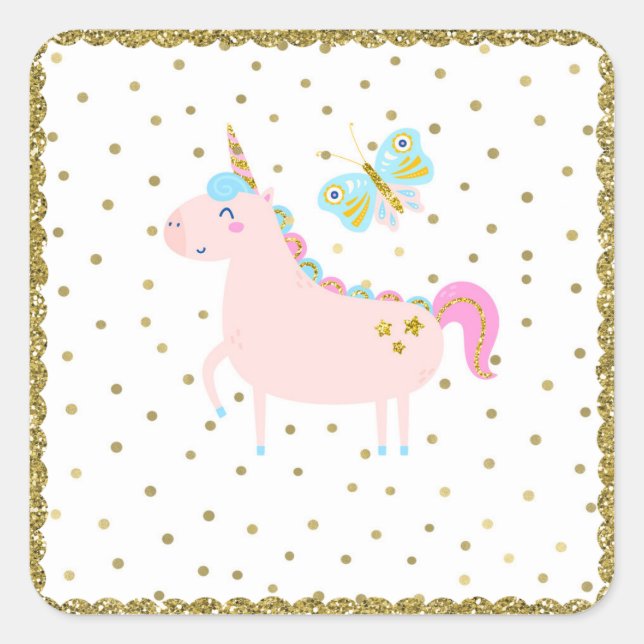 Pegatina Cuadrada Fiesta de Cumpleaños de Niñas Unicornio con Brillo (Anverso)