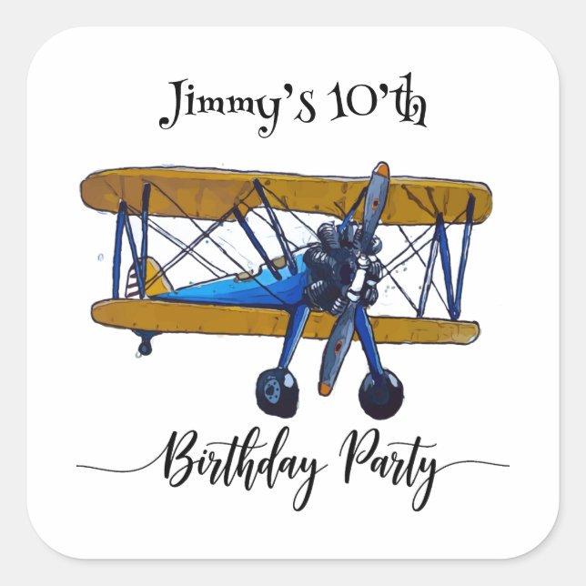 Pegatina Cuadrada Fiesta de cumpleaños de niños con biplano azul y a (Anverso)