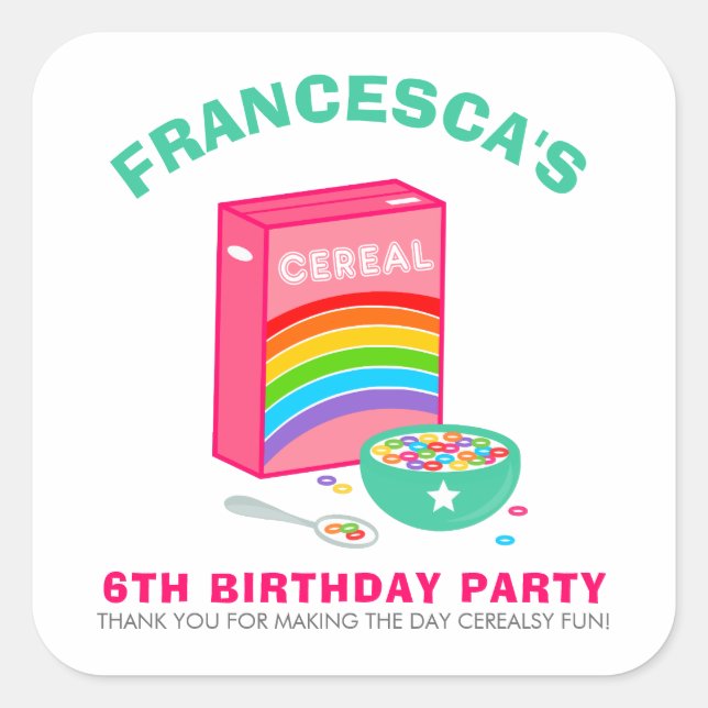 Pegatina Cuadrada Fiesta de cumpleaños de niños con cereales Rainbow (Anverso)