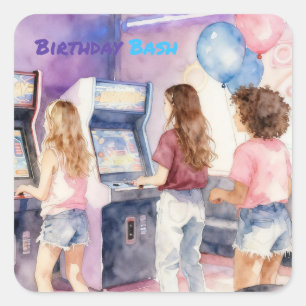 Pegatina Cuadrada Fiesta de cumpleaños de niños en arcade neón acuar