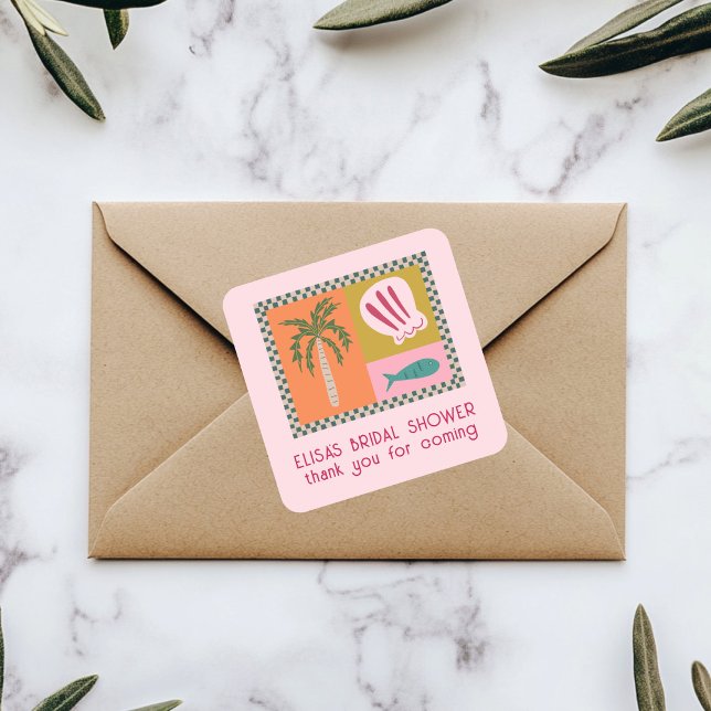 Pegatina Cuadrada Fiesta de Cumpleaños de Novia Seaside Soiree Moder (Seaside Soiree Bridal Shower Modern Cute Palm Tree Seashell CUSTOM Square Sticker
)