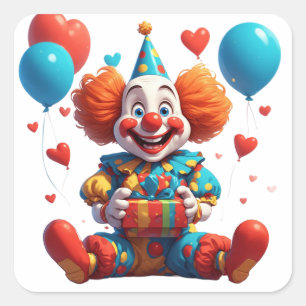 Pegatina Cuadrada Fiesta de Cumpleaños de Payaso Adorable con Regalo