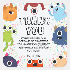 Pegatina Cuadrada Fiesta de cumpleaños de pequeños monstruos para to
