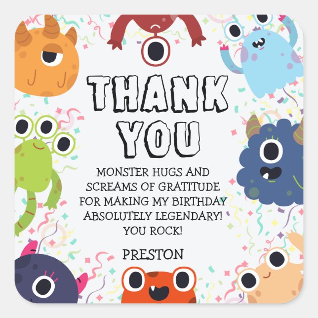 Pegatina Cuadrada Fiesta de cumpleaños de pequeños monstruos para to (Anverso)