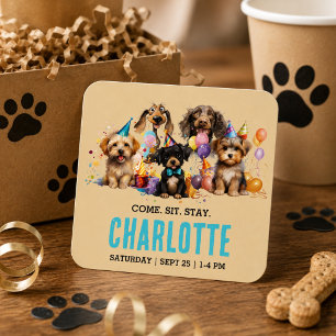 Pegatina Cuadrada Fiesta de cumpleaños de perro cachorro acuarela